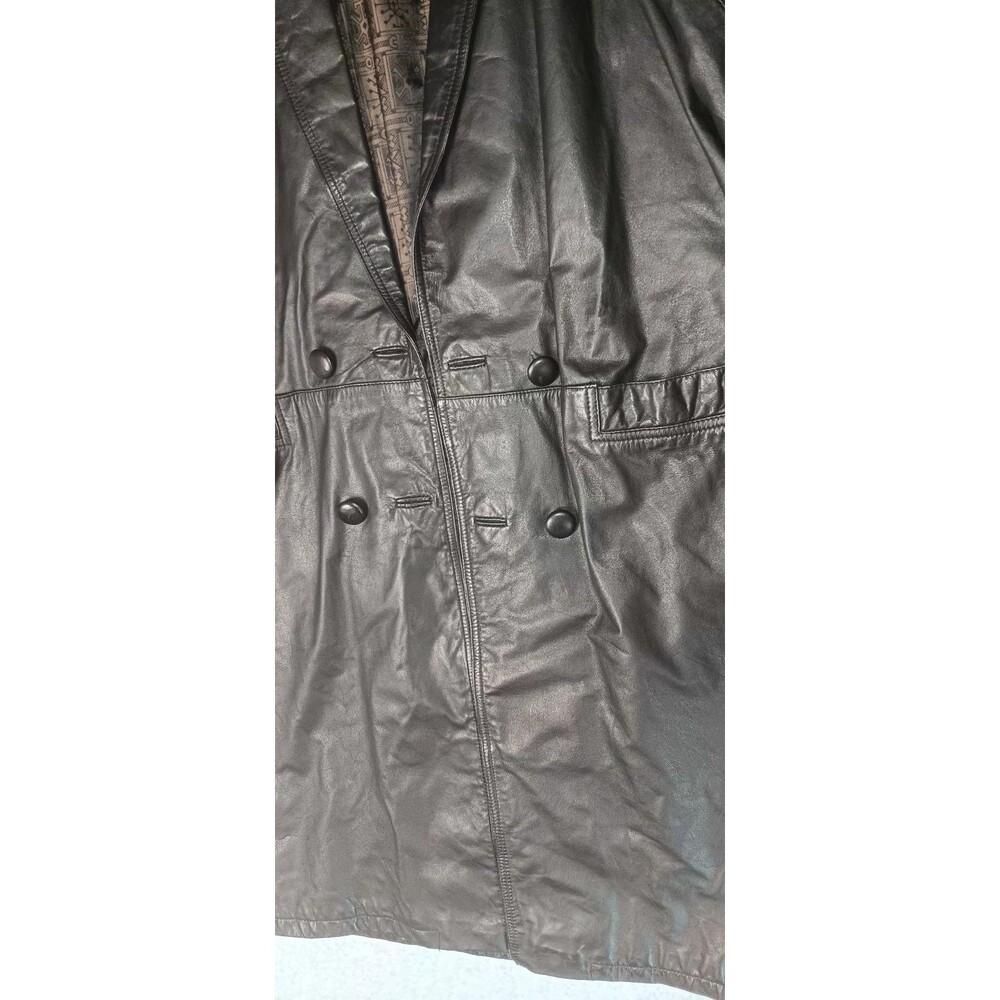VTG G III Double Breasted Full Length Leather Trench Coat L Black Matrix Grunge - Picture 5 of 15
